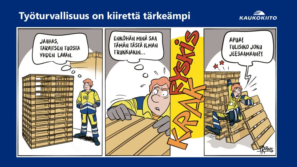 Kuvittaja Pekka Rahkosen tekemä sarjakuvamainen työturvallisuusviestintä käyttää huumorin keinoja vakavan asian käsittelussä.